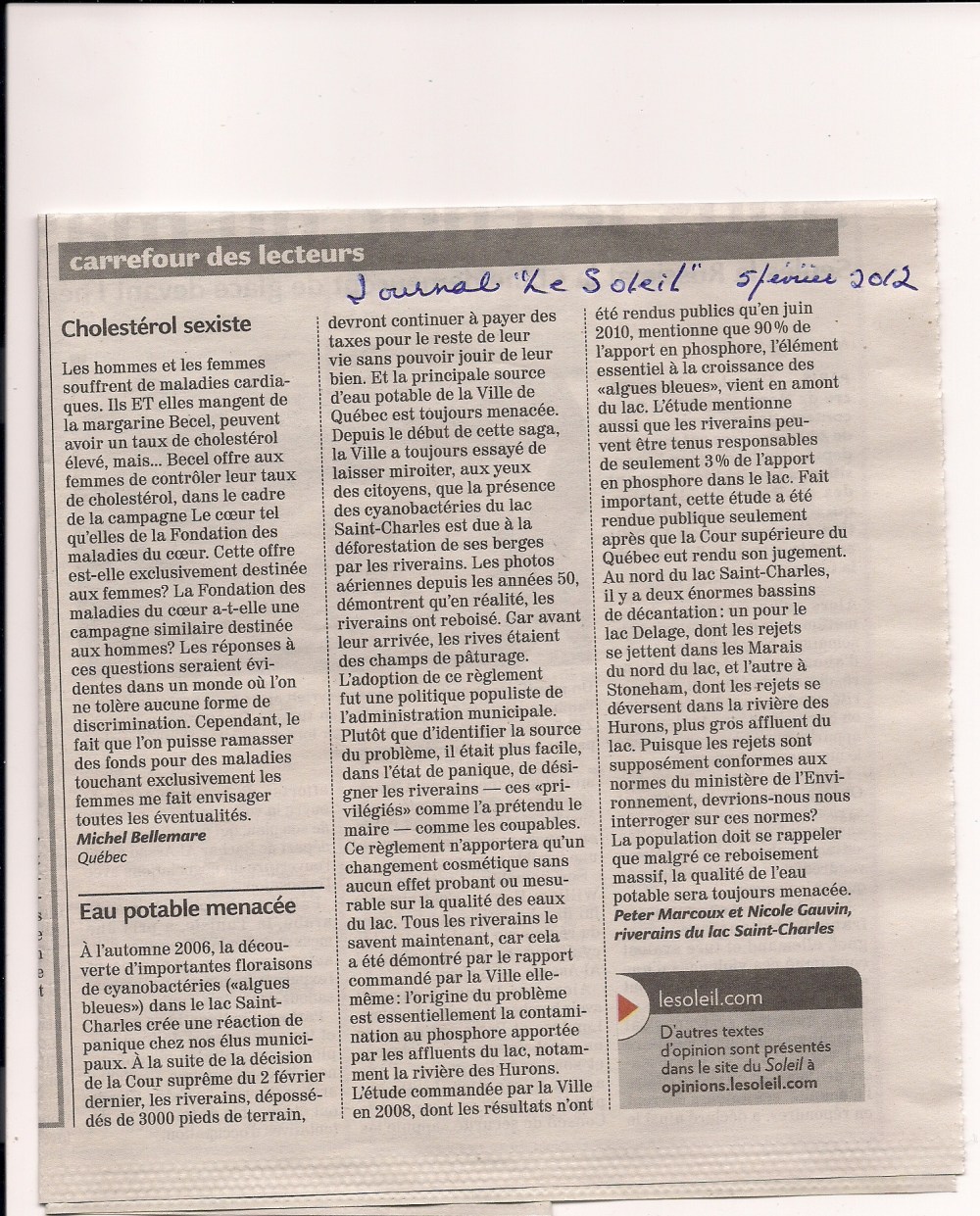 Eau potable menacée - lettre ouverte 05-02-2012